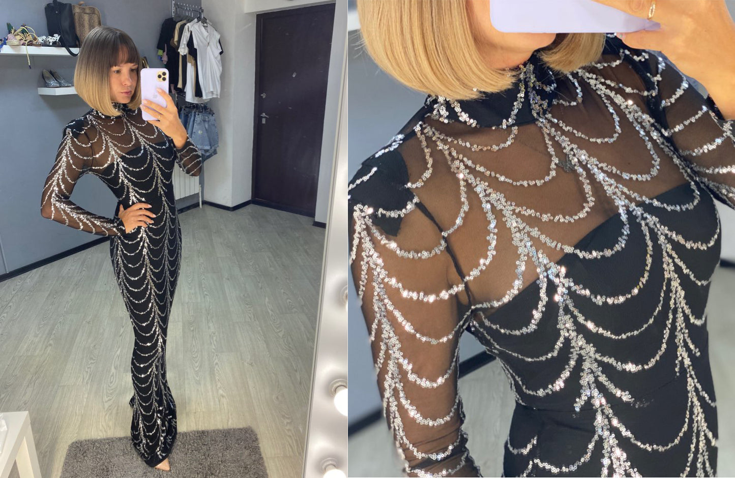 Sequins Women Maxi Long Sleeve Party Dress