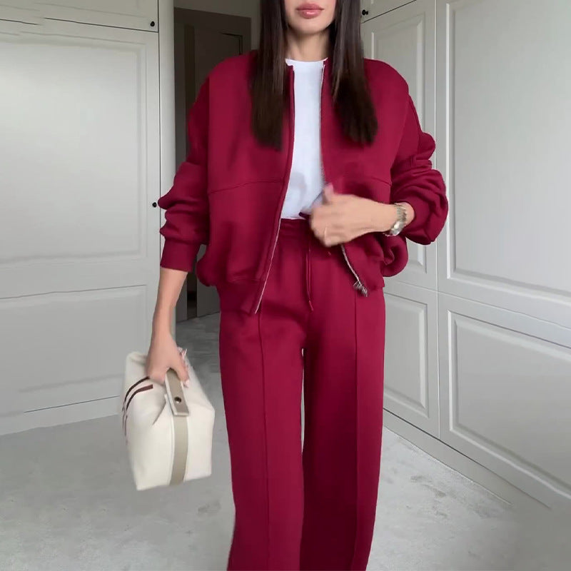 Women’s Solid Color Zip Sweater and Trousers Set