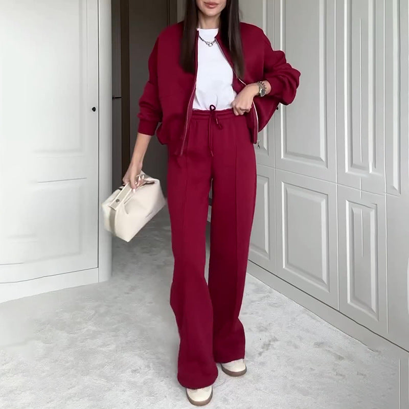 Women’s Solid Color Zip Sweater and Trousers Set