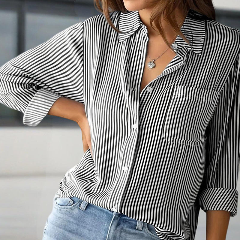 Women’s Elegant Striped Long Sleeve Button-Up Shirt with Lapel Collar