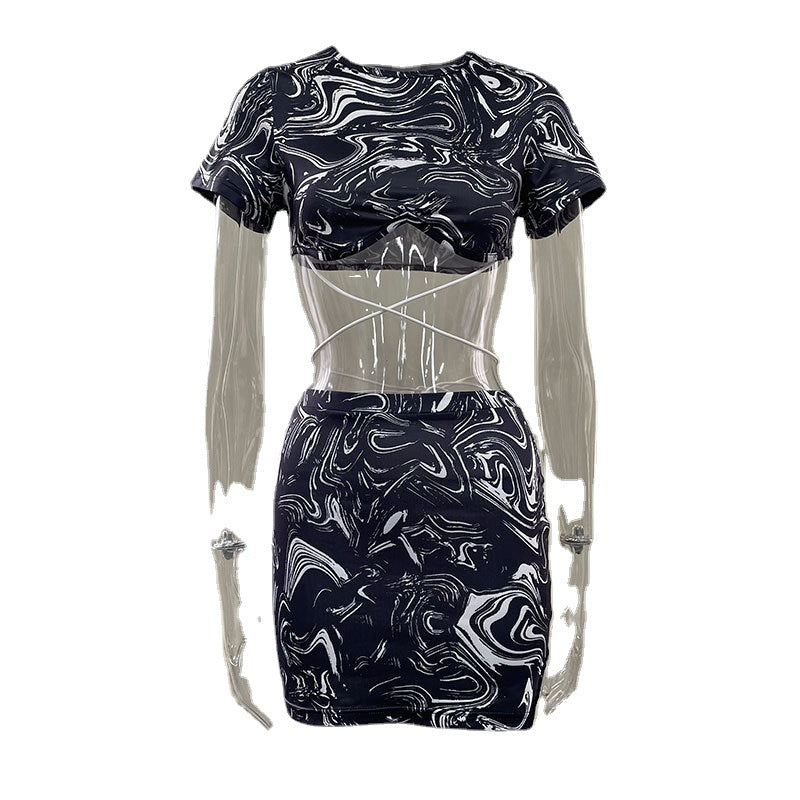American Lace-Up Top & Short Skirt Set – Women’s Printed Two-Piece Outfit