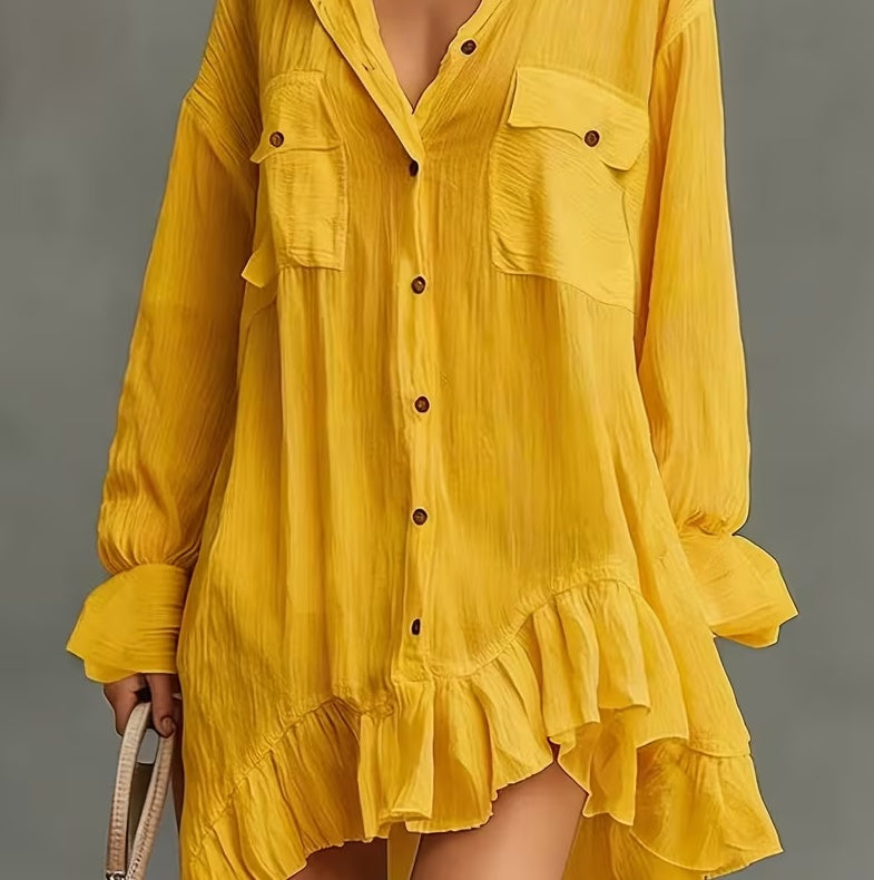 French-style Relaxed Pleated Loose Shirt Dress For Women