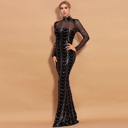 Sequins Women Maxi Long Sleeve Party Dress