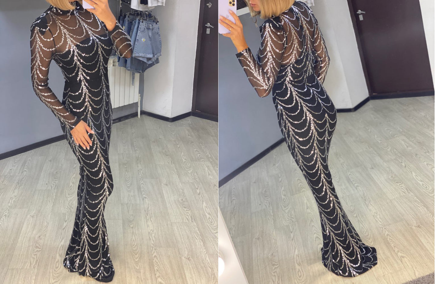 Sequins Women Maxi Long Sleeve Party Dress