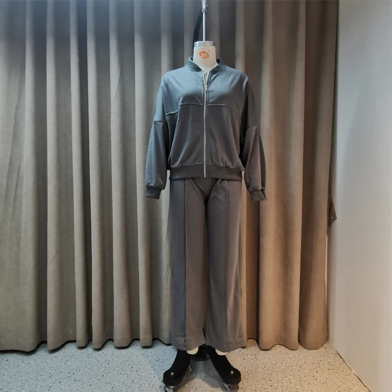 Women’s Solid Color Zip Sweater and Trousers Set