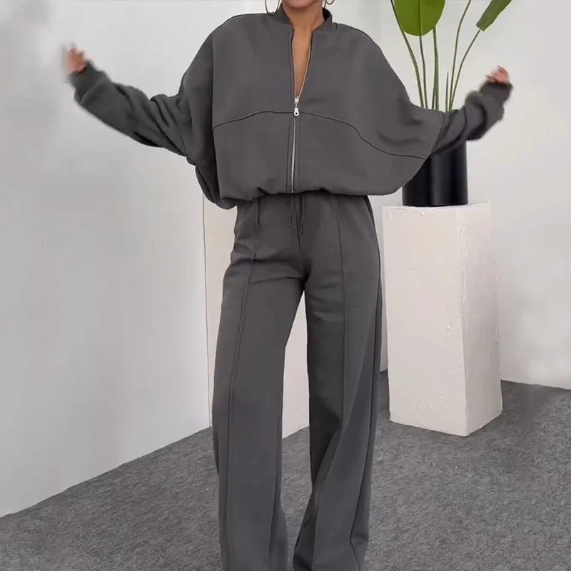 Women’s Solid Color Zip Sweater and Trousers Set