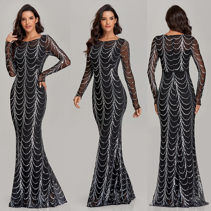 Sequins Women Maxi Long Sleeve Party Dress