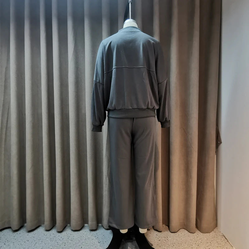 Women’s Solid Color Zip Sweater and Trousers Set