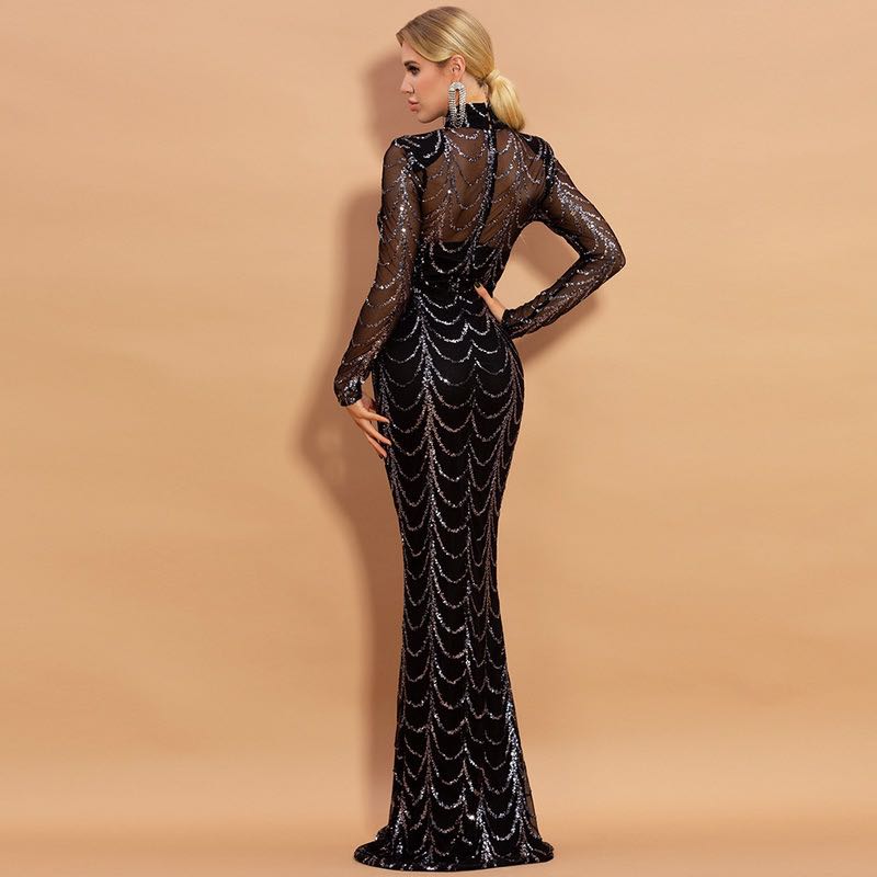 Sequins Women Maxi Long Sleeve Party Dress