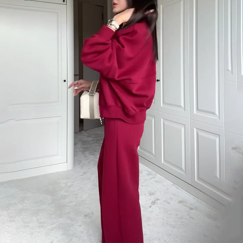 Women’s Solid Color Zip Sweater and Trousers Set