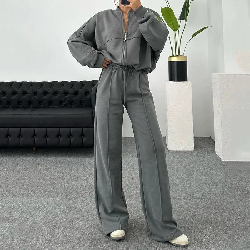 Women’s Solid Color Zip Sweater and Trousers Set