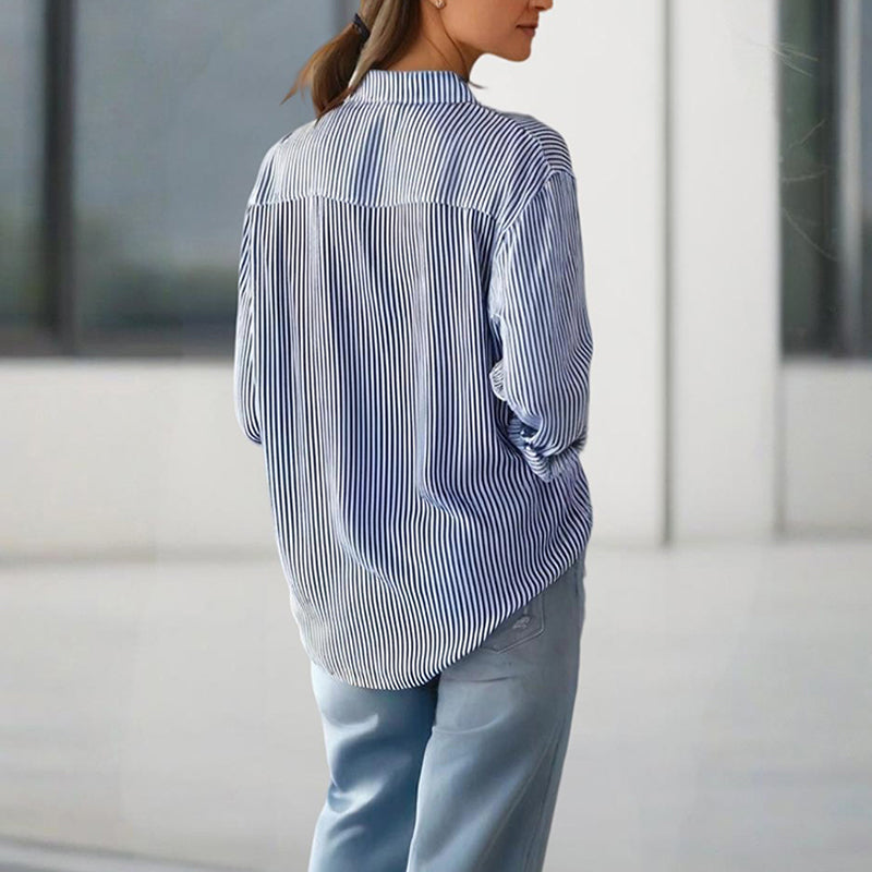 Women’s Elegant Striped Long Sleeve Button-Up Shirt with Lapel Collar