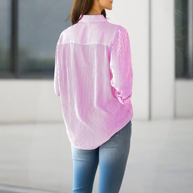 Women’s Elegant Striped Long Sleeve Button-Up Shirt with Lapel Collar