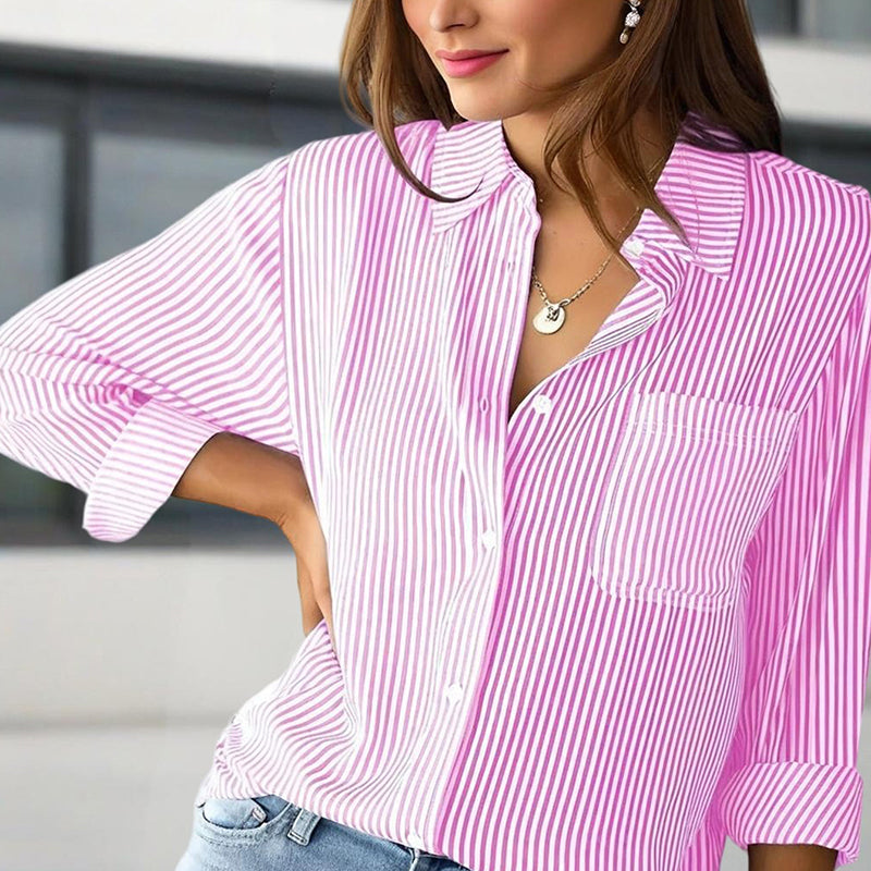 Women’s Elegant Striped Long Sleeve Button-Up Shirt with Lapel Collar