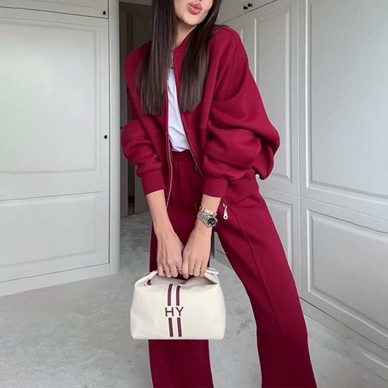 Women’s Solid Color Zip Sweater and Trousers Set