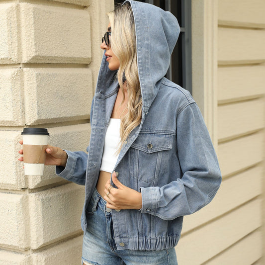 Washed hooded denim jacket for women front view